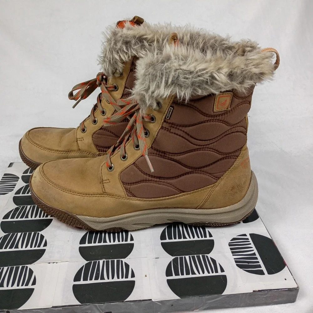 Sperry Top-Sider Womens STS90007 Waterproof Winter Boots Tan Brown Fur Trim 10M‎
